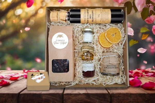 Zestaw Prezentowy- Prezent na Dzień Kobiet - Herbata, miód, świeczka, konfitury, syrop z czarnego bzu