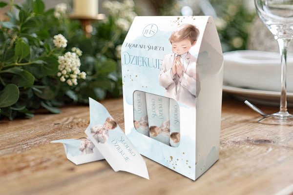 Pudełko z 6 krówkami - Podziękowanie na Komunię - Chłopczyk