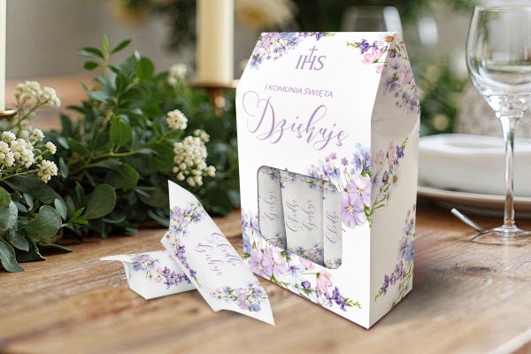 Pudełko z 6 krówkami - Podziękowanie na Komunię - Lawendowe Kwiaty