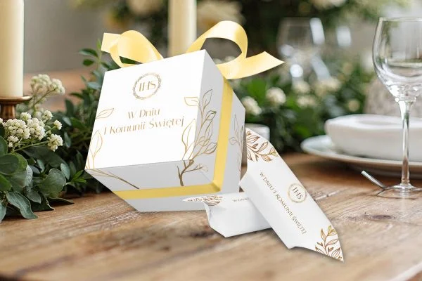 Krówki w pudełeczku - Podziękowanie na Komunię - Złote liście