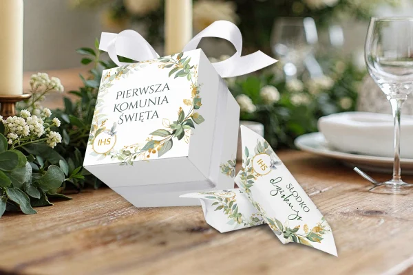 Krówki w pudełeczku - Podziękowanie na Komunię - Zieleń w złocie