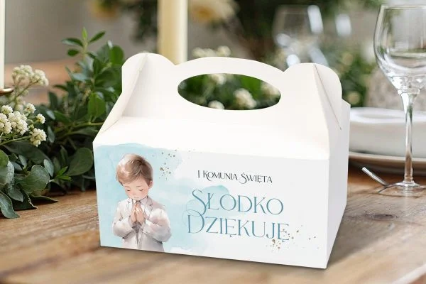 Pudełko na ciasto - Podziękowanie na Komunię - Wzór - Chłopczyk